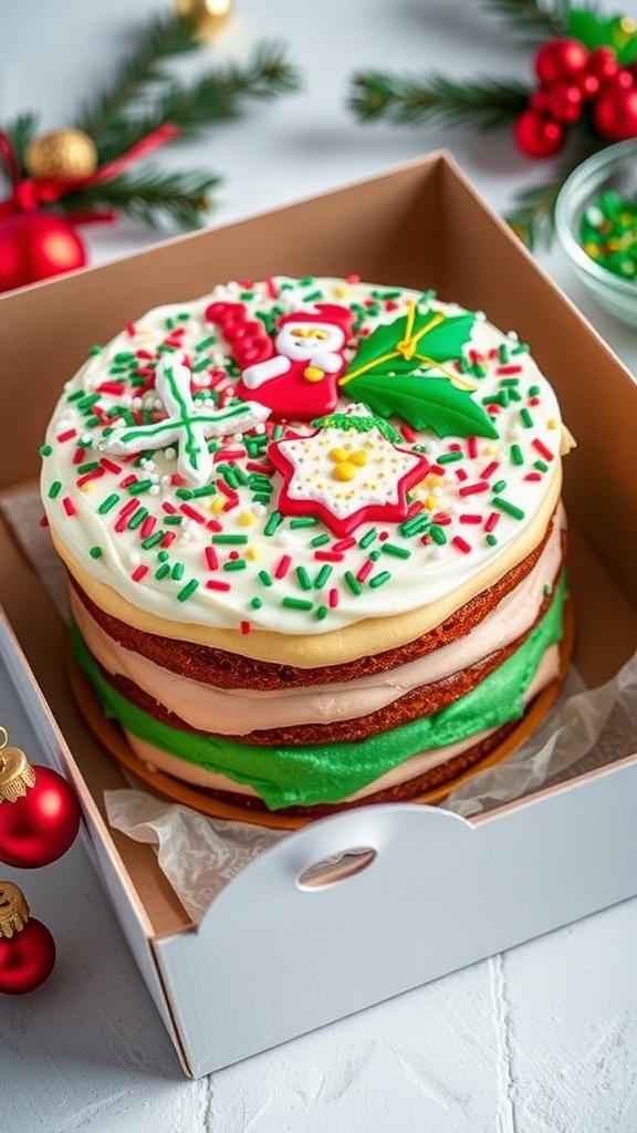 Festive Christmas Bento Cake Recipe A festive Christmas bento cake with colorful frosting and sprinkles in a decorative box, set against a holiday backdrop.